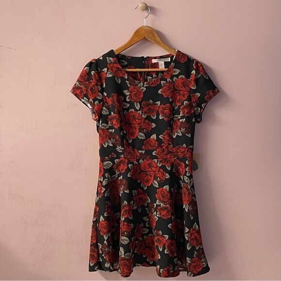 Forever 21 Black & Red Rose Print Tea Dress Size M NWT - Picture 1 of 9